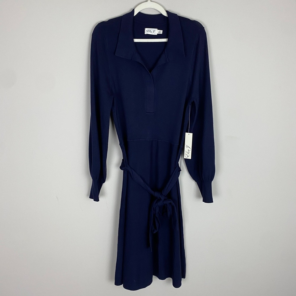 Eliza J Polo Collar Sweater Dress Women XL Navy Blue Belted Midi Bishop Sleeve